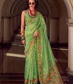 light green tissue silk blend saree for women | floral embroidered party wear ethnic drape