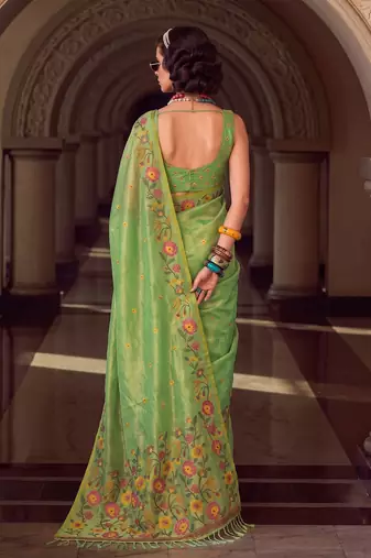 light green tissue silk blend saree for women | floral embroidered party wear ethnic drape