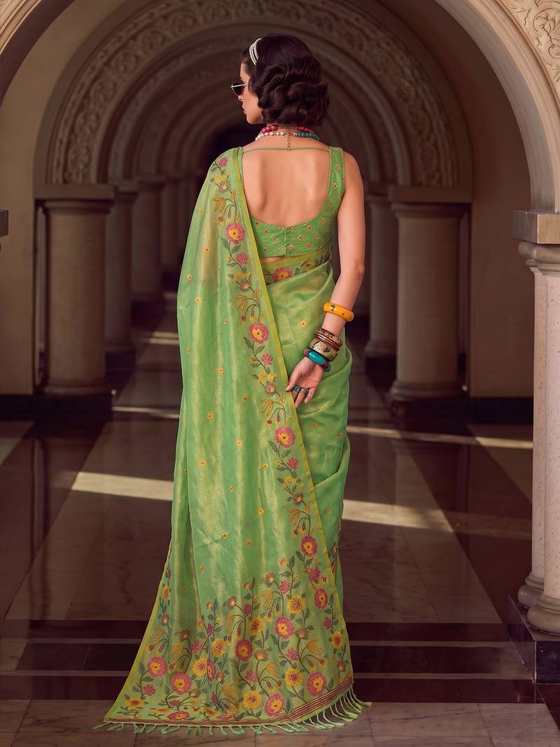 light green tissue silk blend saree for women | floral embroidered party wear ethnic drape