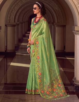 light green tissue silk blend saree for women | floral embroidered party wear ethnic drape 3