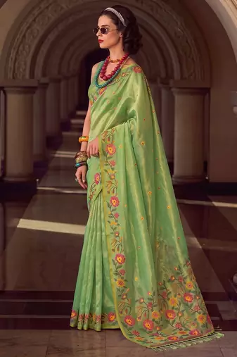 light green tissue silk blend saree for women | floral embroidered party wear ethnic drape
