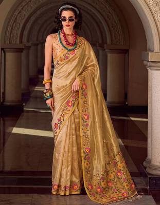 gold tissue silk blend saree with floral embroidery | luxury wedding & festive wear for women 1