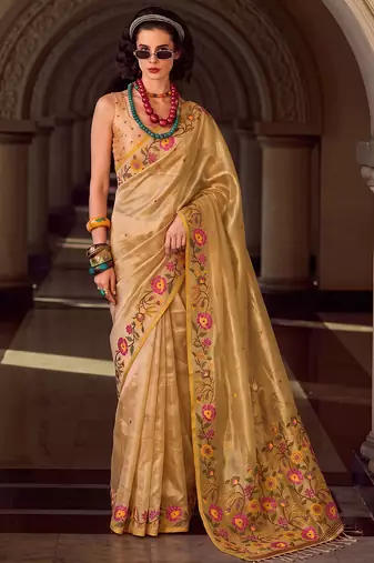 gold tissue silk blend saree with floral embroidery | luxury wedding & festive wear for women