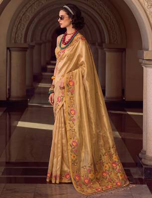 gold tissue silk blend saree with floral embroidery | luxury wedding & festive wear for women 2