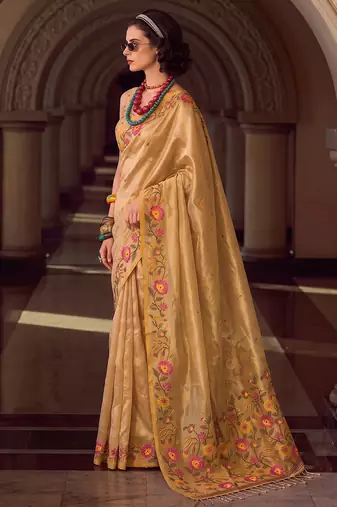 gold tissue silk blend saree with floral embroidery | luxury wedding & festive wear for women