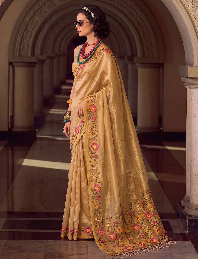 gold tissue silk blend saree with floral embroidery | luxury wedding & festive wear for women