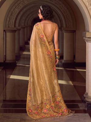 gold tissue silk blend saree with floral embroidery | luxury wedding & festive wear for women 3