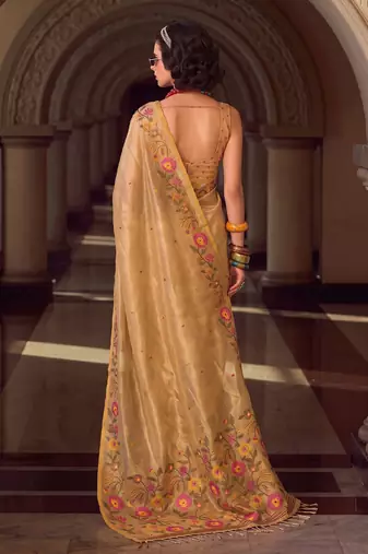 gold tissue silk blend saree with floral embroidery | luxury wedding & festive wear for women
