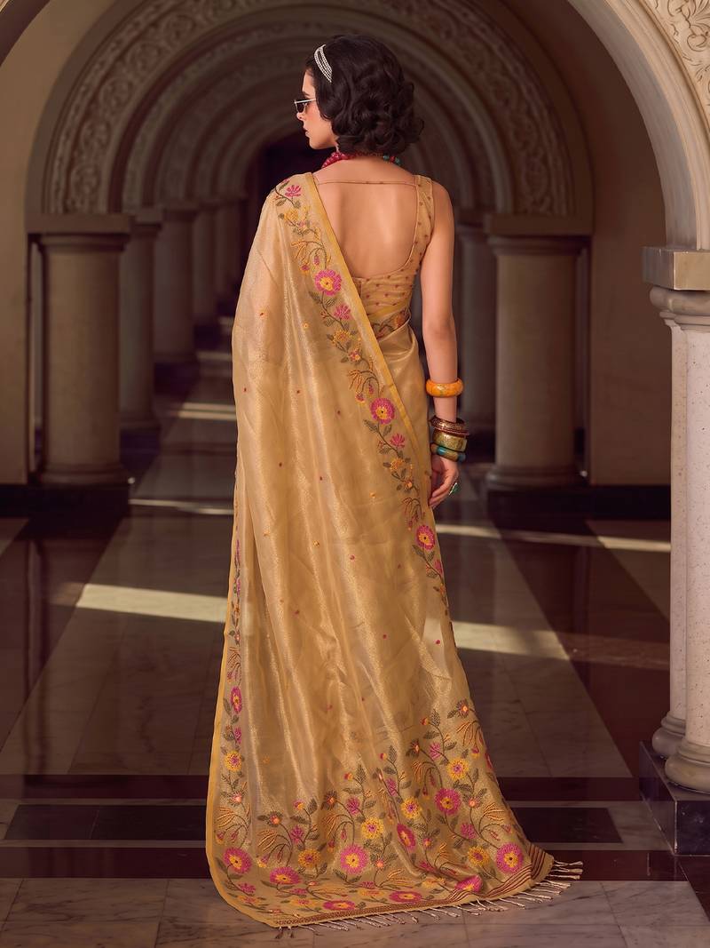 gold tissue silk blend saree with floral embroidery | luxury wedding & festive wear for women