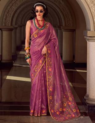 purple floral embroidered tissue silk blend saree | women elegant evening & party wear drape 1