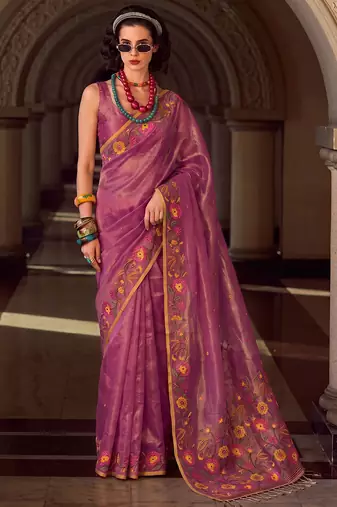 purple floral embroidered tissue silk blend saree | women elegant evening & party wear drape