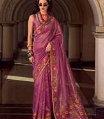 purple floral embroidered tissue silk blend saree | women elegant evening & party wear drape