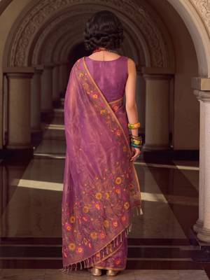 purple floral embroidered tissue silk blend saree | women elegant evening & party wear drape 2