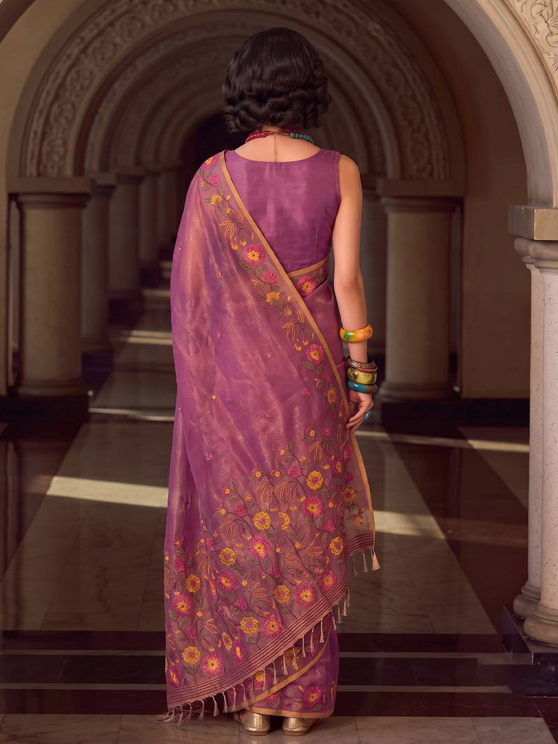 purple floral embroidered tissue silk blend saree | women elegant evening & party wear drape