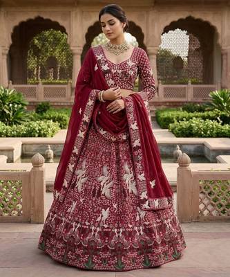 marron Embroidery Sequins With Cancan Georgette Lehenga Choli Set 1
