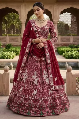 marron Embroidery Sequins With Cancan Georgette Lehenga Choli Set