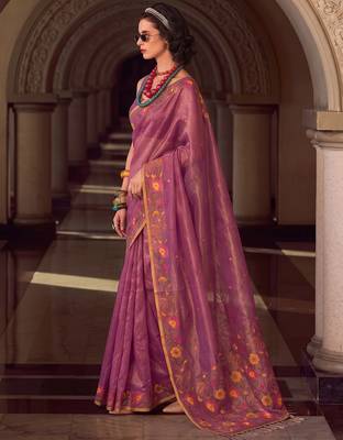 purple floral embroidered tissue silk blend saree | women elegant evening & party wear drape 3