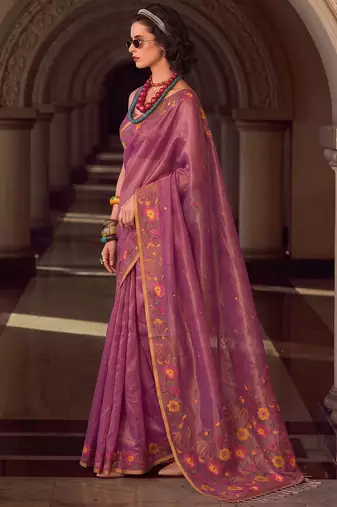 purple floral embroidered tissue silk blend saree | women elegant evening & party wear drape