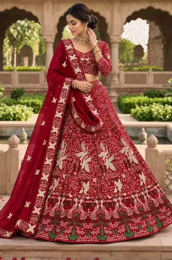 marron Embroidery Sequins With Cancan Georgette Lehenga Choli Set