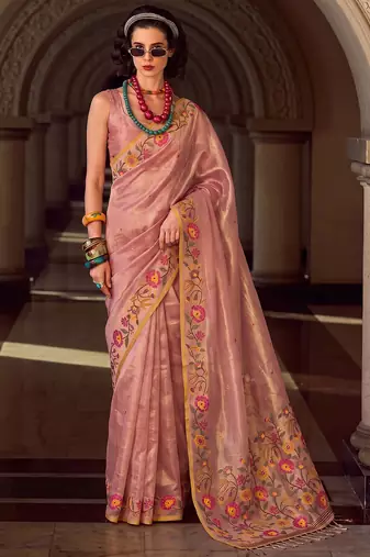 rose pink premium tissue silk blend saree | festive embroidered ethnic wear for modern women
