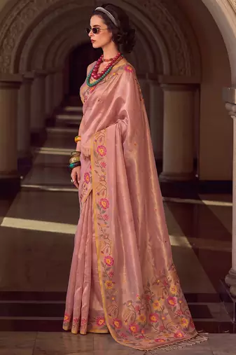 rose pink premium tissue silk blend saree | festive embroidered ethnic wear for modern women