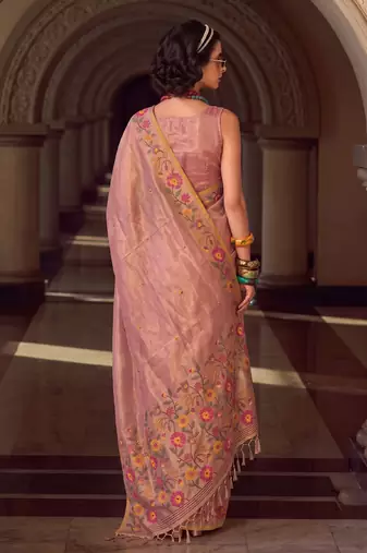 rose pink premium tissue silk blend saree | festive embroidered ethnic wear for modern women