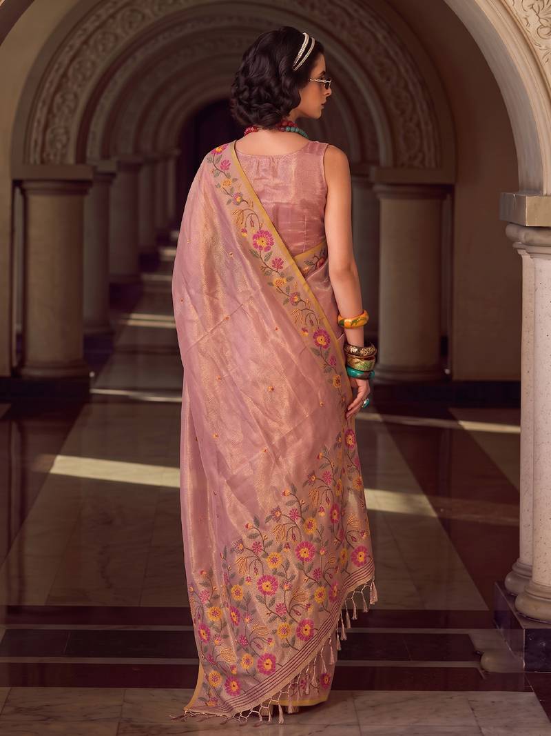 rose pink premium tissue silk blend saree | festive embroidered ethnic wear for modern women