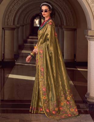 olive green tissue silk blend saree | exquisite floral border traditional party wear for women 2