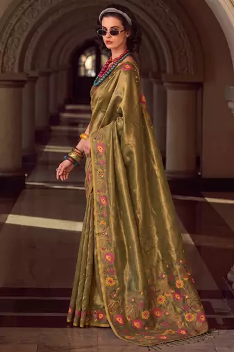 olive green tissue silk blend saree | exquisite floral border traditional party wear for women