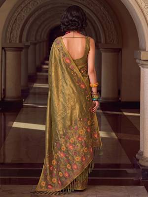 olive green tissue silk blend saree | exquisite floral border traditional party wear for women 3