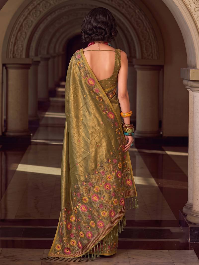 olive green tissue silk blend saree | exquisite floral border traditional party wear for women