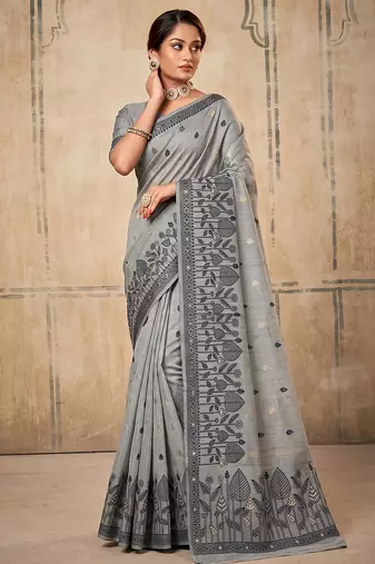 grey cotton blend saree for women | elegant festive & formal ethnic wear