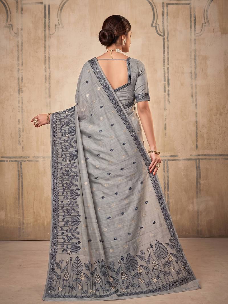 grey cotton blend saree for women | elegant festive & formal ethnic wear