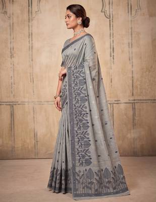 grey cotton blend saree for women | elegant festive & formal ethnic wear 3