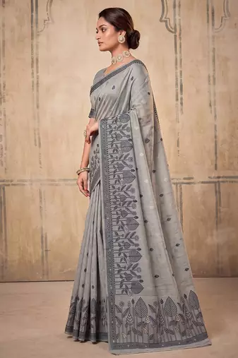 grey cotton blend saree for women | elegant festive & formal ethnic wear
