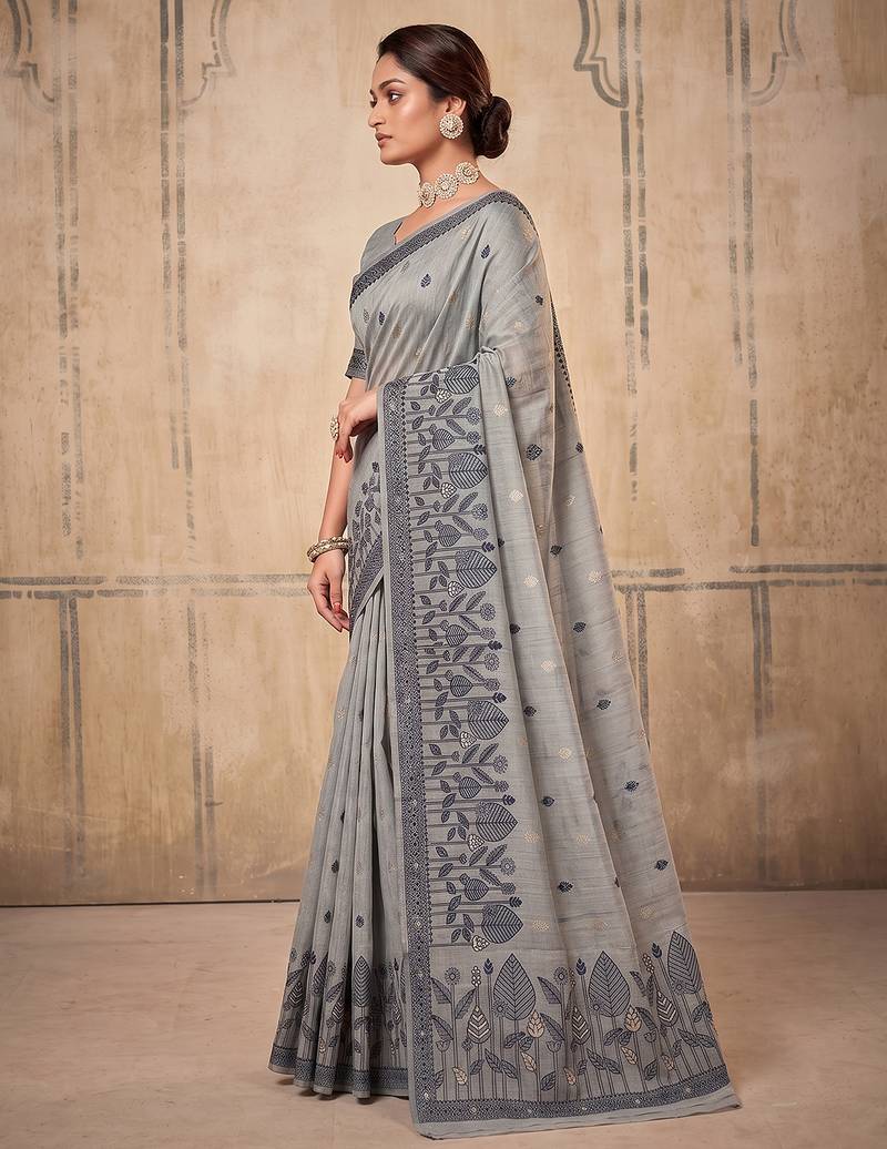 grey cotton blend saree for women | elegant festive & formal ethnic wear
