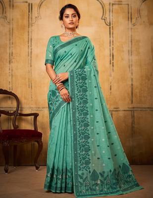 sea green premium cotton blend saree | women's floral border party wear drape 1