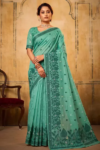 sea green premium cotton blend saree | women's floral border party wear drape