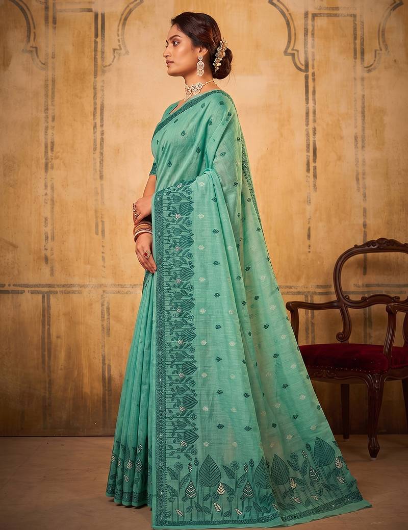 sea green premium cotton blend saree | women's floral border party wear drape
