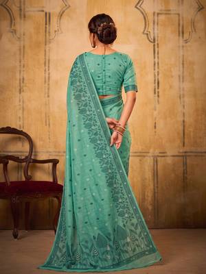 sea green premium cotton blend saree | women's floral border party wear drape 3