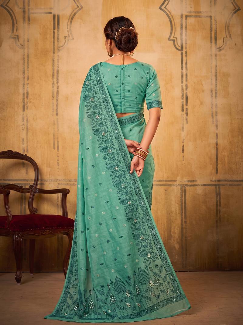 sea green premium cotton blend saree | women's floral border party wear drape