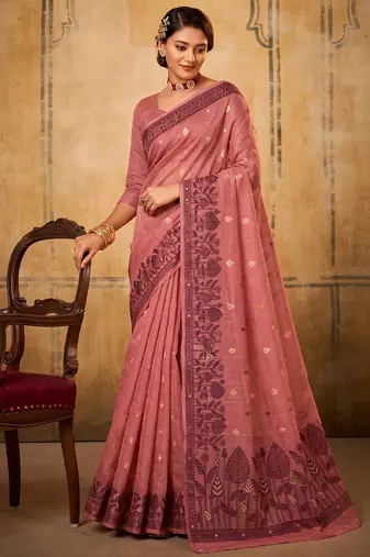 rose pink cotton blend woven saree for women | traditional wedding & festive wear