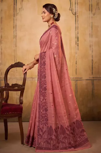rose pink cotton blend woven saree for women | traditional wedding & festive wear