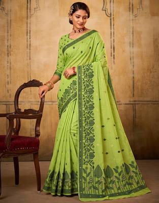 light green breathable cotton blend saree | vibrant party & festive ethnic wear 1