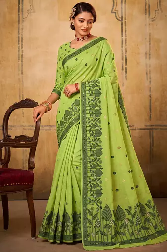 light green breathable cotton blend saree | vibrant party & festive ethnic wear