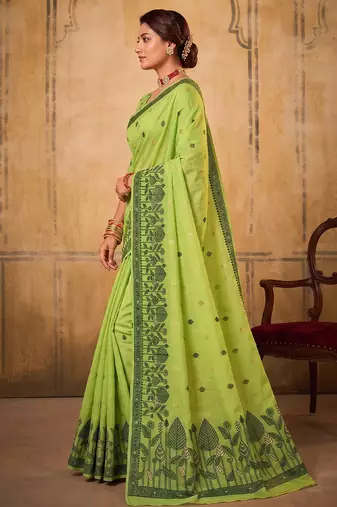 light green breathable cotton blend saree | vibrant party & festive ethnic wear