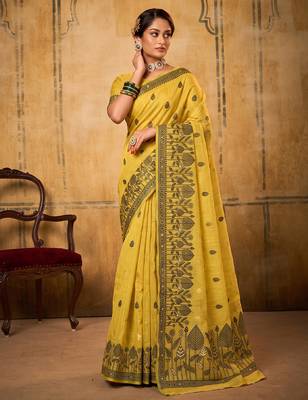 mustard yellow everyday cotton blend saree for women | auspicious festive drape 1