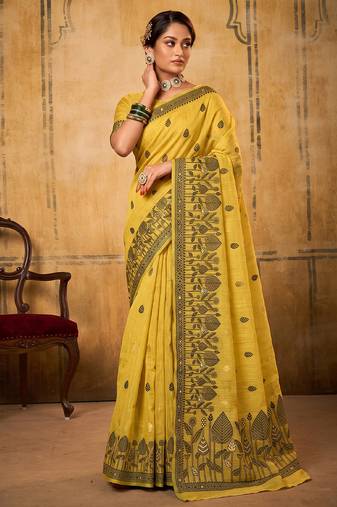 mustard yellow everyday cotton blend saree for women | auspicious festive drape