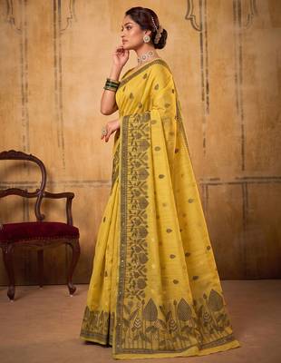 mustard yellow everyday cotton blend saree for women | auspicious festive drape 3