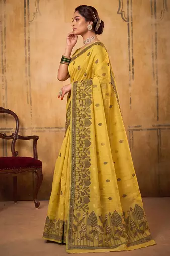 mustard yellow everyday cotton blend saree for women | auspicious festive drape